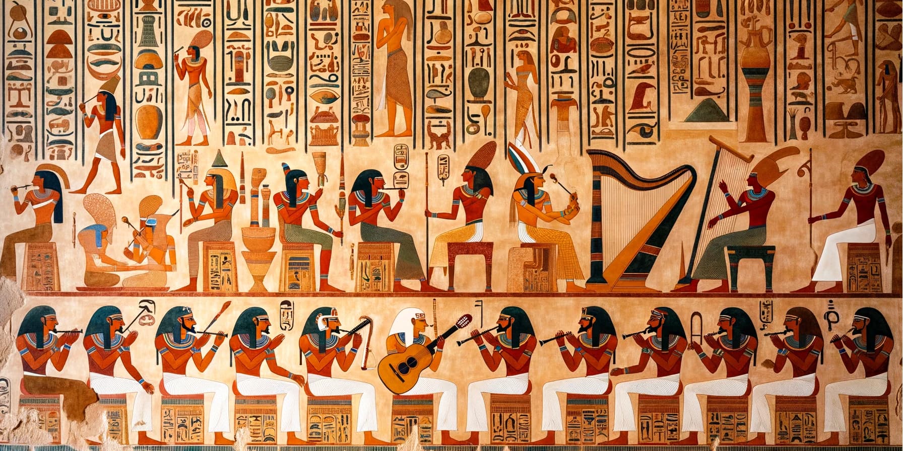 A photo representation of an ancient Egyptian wall painting where the top half features intricate hieroglyphs and symbols, while the bottom half depicts diverse individuals playing traditional musical instruments.